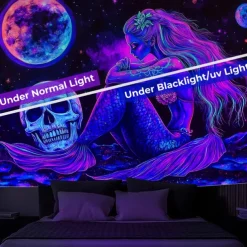 Halloween Blacklight Tapestry Glow in the Dark Glow Party UV Reactive Skull Snake Woman Creepy Trippy Misty Hanging Tapestry Wall Art Mural for Living Room Bedroom