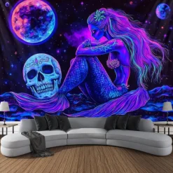 Halloween Blacklight Tapestry Glow in the Dark Glow Party UV Reactive Skull Snake Woman Creepy Trippy Misty Hanging Tapestry Wall Art Mural for Living Room Bedroom