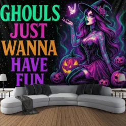 Halloween Blacklight Wall Tapestry – UV Reactive Witch , 'Ghouls Just Wanna Have Fun' Quote, Neon Colors Spooky Scene, Glow in the Dark Gothic Wall Hanging for 2025 Halloween Decoration