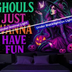 Halloween Blacklight Wall Tapestry – UV Reactive Witch , 'Ghouls Just Wanna Have Fun' Quote, Neon Colors Spooky Scene, Glow in the Dark Gothic Wall Hanging for 2025 Halloween Decoration