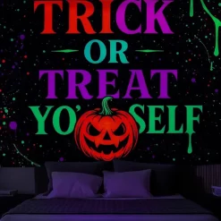 Halloween Blacklight Wall Tapestry – UV Reactive Witch , 'Ghouls Just Wanna Have Fun' Quote, Neon Colors Spooky Scene, Glow in the Dark Gothic Wall Hanging for 2025 Halloween Decoration