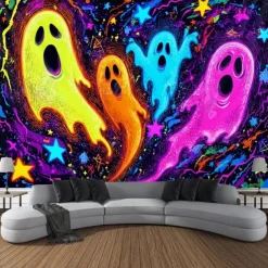 Halloween Blacklight Wall Tapestry – UV Reactive Three Cute Ghosts with Pumpkins in Haunted Graveyard, Neon Colors Spooky Night Scene, Glow in the Dark Wall Hanging for 2025 Halloween Decoration