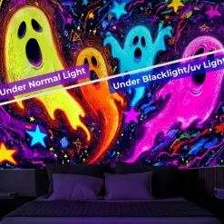 Halloween Blacklight Wall Tapestry – UV Reactive Three Cute Ghosts with Pumpkins in Haunted Graveyard, Neon Colors Spooky Night Scene, Glow in the Dark Wall Hanging for 2025 Halloween Decoration