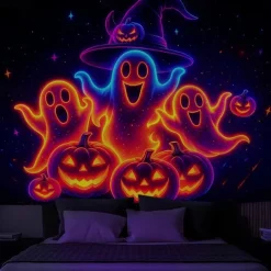 Halloween Blacklight Wall Tapestry – UV Reactive Three Cute Ghosts with Pumpkins in Haunted Graveyard, Neon Colors Spooky Night Scene, Glow in the Dark Wall Hanging for 2025 Halloween Decoration