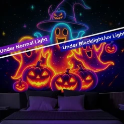 Halloween Blacklight Wall Tapestry – UV Reactive Three Cute Ghosts with Pumpkins in Haunted Graveyard, Neon Colors Spooky Night Scene, Glow in the Dark Wall Hanging for 2025 Halloween Decoration