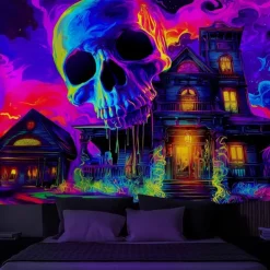 Halloween Blacklight Wall Tapestry – UV Reactive Haunted House with Glowing Skull, Neon Colors Spooky Graveyard Scene, Glow in the Dark Gothic Wall Hanging for 2025 Halloween Decoration