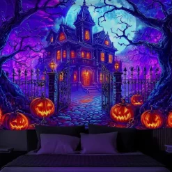 Halloween Blacklight Wall Tapestry – UV Reactive Haunted House with Glowing Skull, Neon Colors Spooky Graveyard Scene, Glow in the Dark Gothic Wall Hanging for 2025 Halloween Decoration