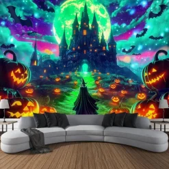 Halloween Blacklight Wall Tapestry – UV Reactive Glowing Moon over Haunted Forest Neon Colors Spooky Night Scene, Glow in the Dark Gothic Wall Hanging for 2025 Halloween Home and Party Decoration