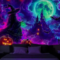 Halloween Blacklight Wall Tapestry – UV Reactive Glowing Moon over Haunted Forest Neon Colors Spooky Night Scene, Glow in the Dark Gothic Wall Hanging for 2025 Halloween Home and Party Decoration