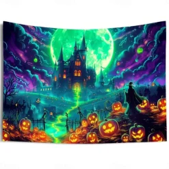 Halloween Blacklight Wall Tapestry – UV Reactive Glowing Moon over Haunted Forest Neon Colors Spooky Night Scene, Glow in the Dark Gothic Wall Hanging for 2025 Halloween Home and Party Decoration