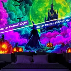 Halloween Blacklight Wall Tapestry – UV Reactive Glowing Moon over Haunted Forest Neon Colors Spooky Night Scene, Glow in the Dark Gothic Wall Hanging for 2025 Halloween Home and Party Decoration