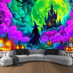 Halloween Blacklight Wall Tapestry – UV Reactive Glowing Moon over Haunted Forest Neon Colors Spooky Night Scene, Glow in the Dark Gothic Wall Hanging for 2025 Halloween Home and Party Decoration