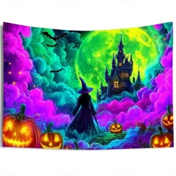 Halloween Blacklight Wall Tapestry – UV Reactive Glowing Moon over Haunted Forest Neon Colors Spooky Night Scene, Glow in the Dark Gothic Wall Hanging for 2025 Halloween Home and Party Decoration