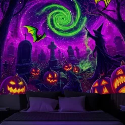 Halloween Blacklight Wall Tapestry – UV Reactive Glowing Moon over Haunted Forest Neon Colors Spooky Night Scene, Glow in the Dark Gothic Wall Hanging for 2025 Halloween Home and Party Decoration