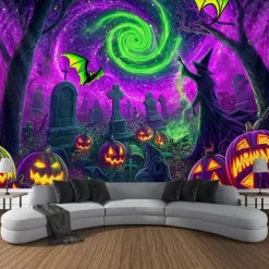 Halloween Blacklight Wall Tapestry – UV Reactive Glowing Moon over Haunted Forest Neon Colors Spooky Night Scene, Glow in the Dark Gothic Wall Hanging for 2025 Halloween Home and Party Decoration