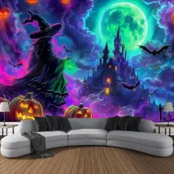 Halloween Blacklight Wall Tapestry – UV Reactive Glowing Moon over Haunted Forest Neon Colors Spooky Night Scene, Glow in the Dark Gothic Wall Hanging for 2025 Halloween Home and Party Decoration
