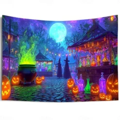 Halloween Blacklight Wall Tapestry – UV Reactive Glowing Moon over Haunted Forest Neon Colors Spooky Night Scene, Glow in the Dark Gothic Wall Hanging for 2025 Halloween Home and Party Decoration