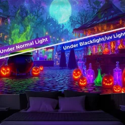Halloween Blacklight Wall Tapestry – UV Reactive Glowing Moon over Haunted Forest Neon Colors Spooky Night Scene, Glow in the Dark Gothic Wall Hanging for 2025 Halloween Home and Party Decoration