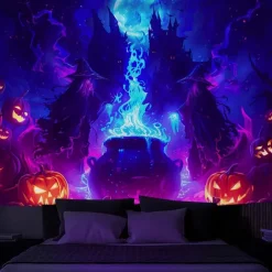 Halloween Blacklight Wall Tapestry – UV Reactive Glowing Moon over Haunted Forest Neon Colors Spooky Night Scene, Glow in the Dark Gothic Wall Hanging for 2025 Halloween Home and Party Decoration