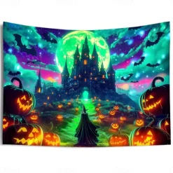 Halloween Blacklight Wall Tapestry – UV Reactive Glowing Moon over Haunted Forest Neon Colors Spooky Night Scene, Glow in the Dark Gothic Wall Hanging for 2025 Halloween Home and Party Decoration