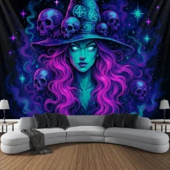 Halloween Blacklight Wall Tapestry – UV Reactive Evil Clown with Fiery Hair Explosion, Neon Colors Scary Gothic Horror Scene, Glow in the Dark Wall Hanging for 2025 Halloween Party Decoration