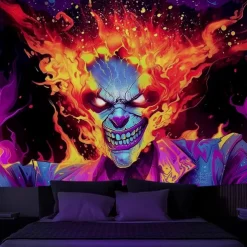Halloween Blacklight Wall Tapestry – UV Reactive Evil Clown with Fiery Hair Explosion, Neon Colors Scary Gothic Horror Scene, Glow in the Dark Wall Hanging for 2025 Halloween Party Decoration