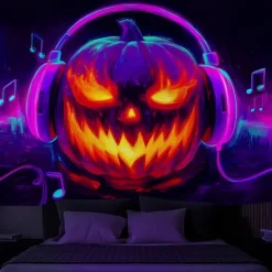 Halloween Blacklight Wall Tapestry – UV Reactive Evil Grinning Pumpkin Face with Headphones, Neon Colors Spooky Music Party Theme, Glow in the Dark Wall Hanging for 2025 Halloween Party Decoration