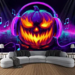 Halloween Blacklight Wall Tapestry – UV Reactive Evil Grinning Pumpkin Face with Headphones, Neon Colors Spooky Music Party Theme, Glow in the Dark Wall Hanging for 2025 Halloween Party Decoration