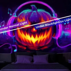 Halloween Blacklight Wall Tapestry – UV Reactive Evil Grinning Pumpkin Face with Headphones, Neon Colors Spooky Music Party Theme, Glow in the Dark Wall Hanging for 2025 Halloween Party Decoration