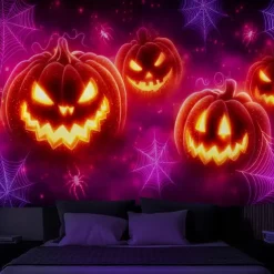 Halloween Blacklight Wall Tapestry – UV Reactive Evil Grinning Pumpkin Face with Headphones, Neon Colors Spooky Music Party Theme, Glow in the Dark Wall Hanging for 2025 Halloween Party Decoration