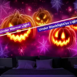 Halloween Blacklight Wall Tapestry – UV Reactive Evil Grinning Pumpkin Face with Headphones, Neon Colors Spooky Music Party Theme, Glow in the Dark Wall Hanging for 2025 Halloween Party Decoration
