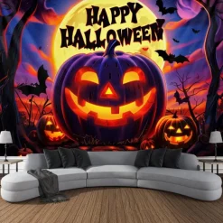 Halloween Blacklight Wall Tapestry – UV Reactive Evil Grinning Pumpkin Face with Headphones, Neon Colors Spooky Music Party Theme, Glow in the Dark Wall Hanging for 2025 Halloween Party Decoration