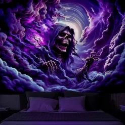 Halloween Blacklight Wall Tapestry – UV Reactive Grim Reaper with Glowing Purple Aura, Neon Colors Spooky Cemetery Scene, Glow in the Dark Gothic Backdrop for 2025 Halloween Party Decoration