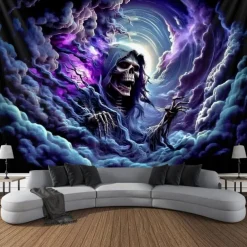 Halloween Blacklight Wall Tapestry – UV Reactive Grim Reaper with Glowing Purple Aura, Neon Colors Spooky Cemetery Scene, Glow in the Dark Gothic Backdrop for 2025 Halloween Party Decoration