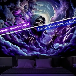 Halloween Blacklight Wall Tapestry – UV Reactive Grim Reaper with Glowing Purple Aura, Neon Colors Spooky Cemetery Scene, Glow in the Dark Gothic Backdrop for 2025 Halloween Party Decoration