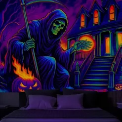 Halloween Blacklight Wall Tapestry – UV Reactive Grim Reaper with Glowing Purple Aura, Neon Colors Spooky Cemetery Scene, Glow in the Dark Gothic Backdrop for 2025 Halloween Party Decoration