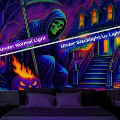 Halloween Blacklight Wall Tapestry – UV Reactive Grim Reaper with Glowing Purple Aura, Neon Colors Spooky Cemetery Scene, Glow in the Dark Gothic Backdrop for 2025 Halloween Party Decoration