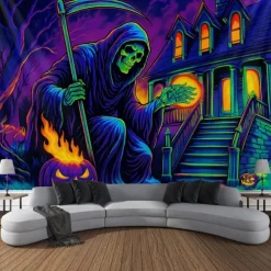 Halloween Blacklight Wall Tapestry – UV Reactive Grim Reaper with Glowing Purple Aura, Neon Colors Spooky Cemetery Scene, Glow in the Dark Gothic Backdrop for 2025 Halloween Party Decoration