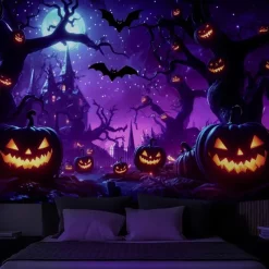 Halloween Blacklight Wall Tapestry – UV Reactive Haunted Path, Neon Colors Spooky Forest Scene, Glow in the Dark Gothic Backdrop for 2025 Halloween Party Decoration