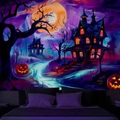 Halloween Blacklight Wall Tapestry – UV Reactive Haunted Path, Neon Colors Spooky Forest Scene, Glow in the Dark Gothic Backdrop for 2025 Halloween Party Decoration