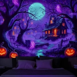 Halloween Blacklight Wall Tapestry – UV Reactive Haunted Path, Neon Colors Spooky Forest Scene, Glow in the Dark Gothic Backdrop for 2025 Halloween Party Decoration