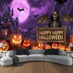 Halloween Blacklight Wall Tapestry – UV Reactive 'Happy Halloween' with Glowing Pumpkins and Candles, Neon Colors Spooky Scene, Glow in the Dark Wall Hanging for 2025 Halloween Party Decoration