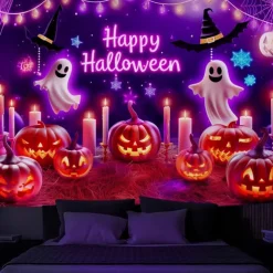 Halloween Blacklight Wall Tapestry – UV Reactive 'Happy Halloween' with Glowing Pumpkins and Candles, Neon Colors Spooky Scene, Glow in the Dark Wall Hanging for 2025 Halloween Party Decoration