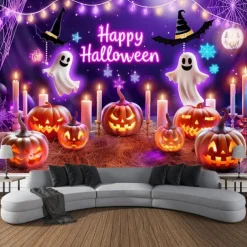 Halloween Blacklight Wall Tapestry – UV Reactive 'Happy Halloween' with Glowing Pumpkins and Candles, Neon Colors Spooky Scene, Glow in the Dark Wall Hanging for 2025 Halloween Party Decoration