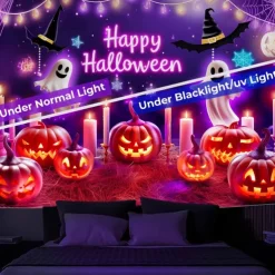 Halloween Blacklight Wall Tapestry – UV Reactive 'Happy Halloween' with Glowing Pumpkins and Candles, Neon Colors Spooky Scene, Glow in the Dark Wall Hanging for 2025 Halloween Party Decoration