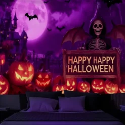 Halloween Blacklight Wall Tapestry – UV Reactive 'Happy Halloween' with Glowing Pumpkins and Candles, Neon Colors Spooky Scene, Glow in the Dark Wall Hanging for 2025 Halloween Party Decoration