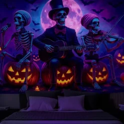 Halloween Blacklight Wall Tapestry – UV Reactive Zombie Musicians with Jack-o'-Lanterns, Neon Colors Scene, Glow in the Dark Horror Backdrop for 2025 Halloween Party Decoration