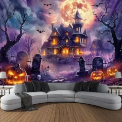 Halloween Blacklight Wall Tapestry – UV Reactive Haunted House with Glowing Windows, Neon Colors Spooky Graveyard Scene, Glow in the Dark Gothic Backdrop for 2025 Halloween Party Decoration