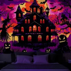 Halloween Blacklight Wall Tapestry – UV Reactive Haunted House with Glowing Windows, Neon Colors Spooky Graveyard Scene, Glow in the Dark Gothic Backdrop for 2025 Halloween Party Decoration