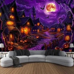 Halloween Blacklight Wall Tapestry – UV Reactive Haunted House with Glowing Windows, Neon Colors Spooky Graveyard Scene, Glow in the Dark Gothic Backdrop for 2025 Halloween Party Decoration